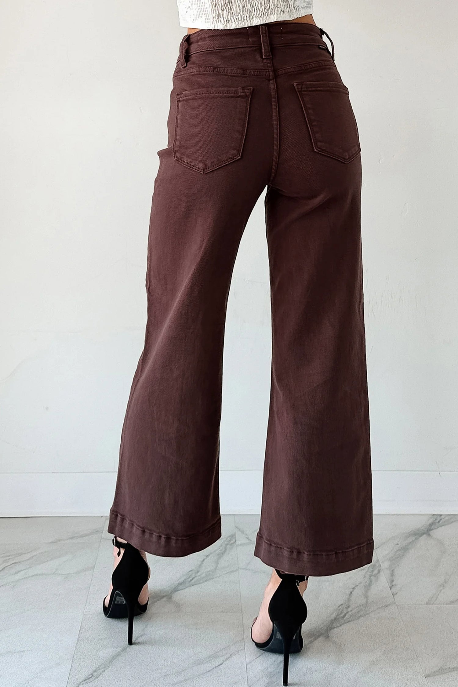 Red Sandalwood Solid Color Seamed Center Wide Leg Cropped Jeans Jeans 345c41ca75e17357