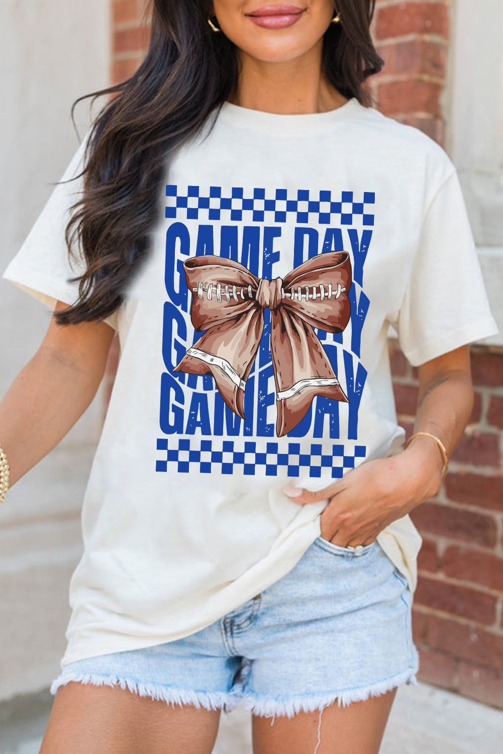 White Football Bow Heat Transfer Printing Game Day Crewneck T Shirt Graphic Tees 345eb95ed37349ed