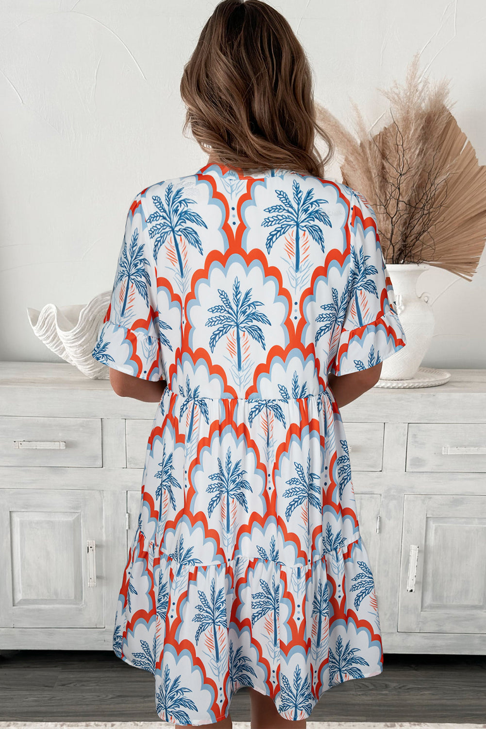 Orange Palm Tree Print Short Sleeve Flowy Dress Short Dresses 349417a6d04ae93c
