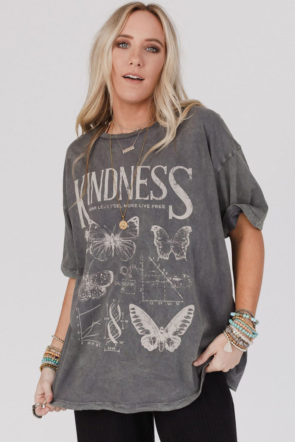 Dark Grey Kindness Butterflies Graphic Mineral Wash Loose Tee T Shirts 34cc142f187792b3