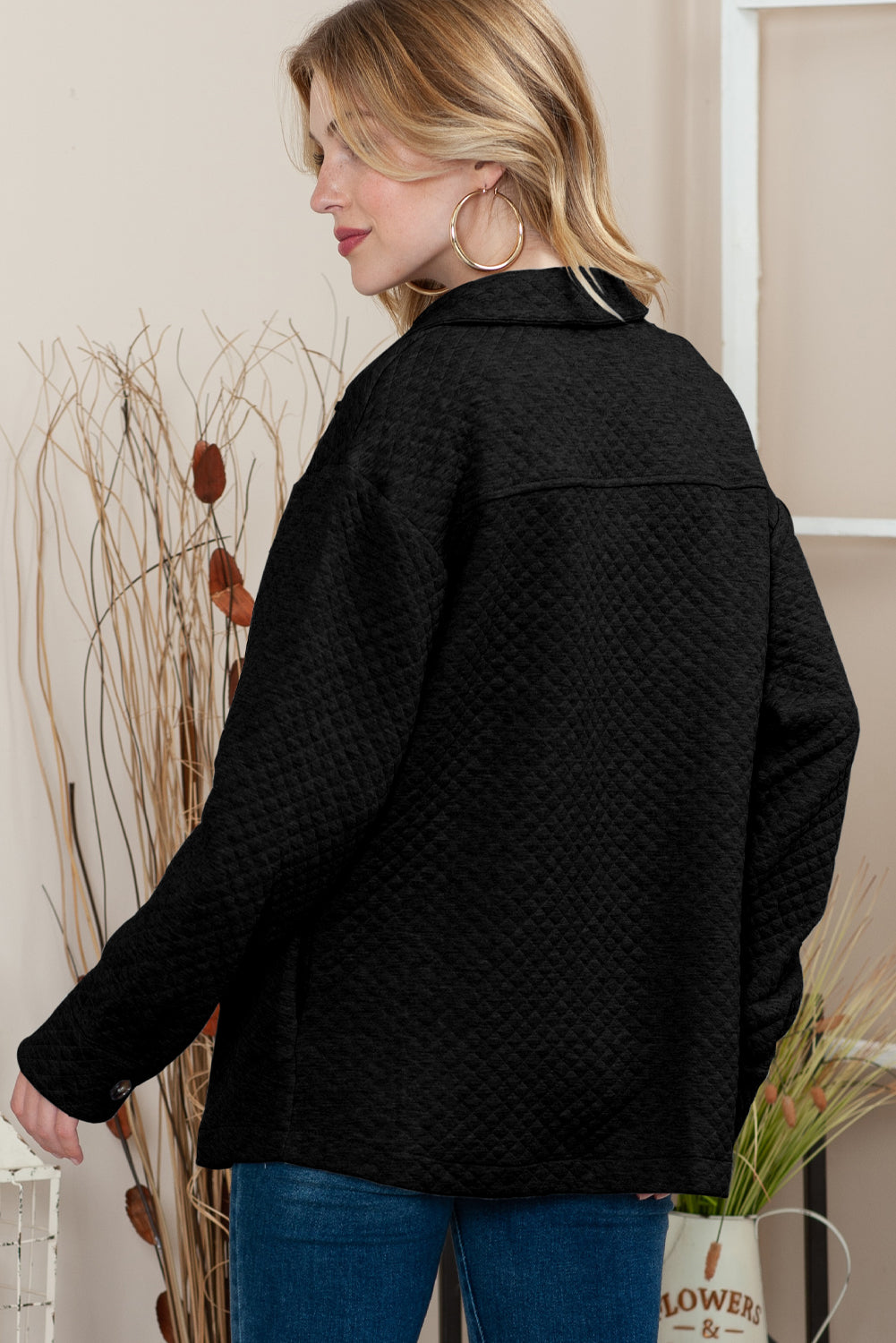 Black Lattice Texture Retro Flap Pocket Button Quilted Shacket Jackets 34e4cd9c04236beb