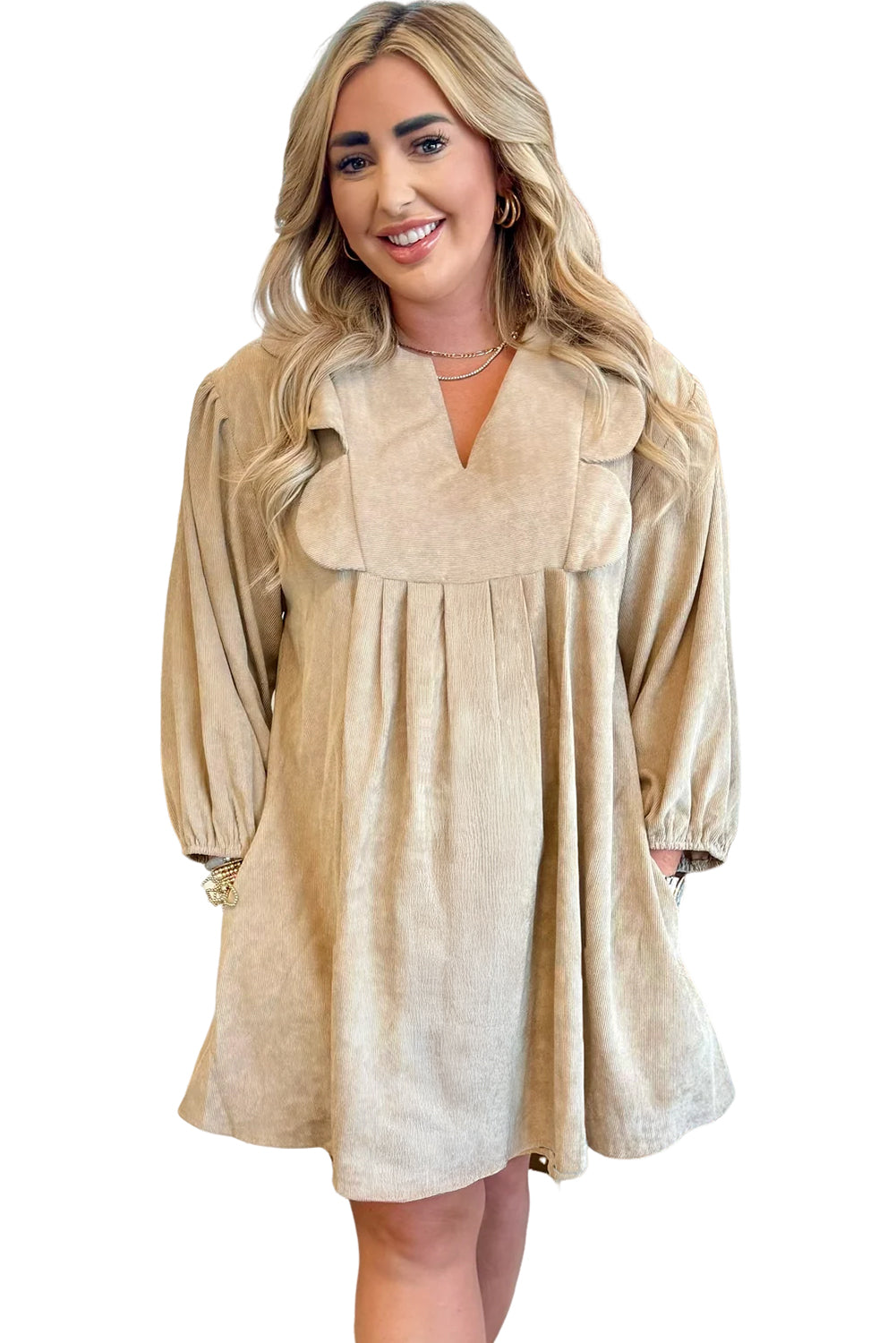 Parchment Notched Neck Scallop Detail Plus Size Mini Dress Plus Size Dresses 3511c45dbc4daec2