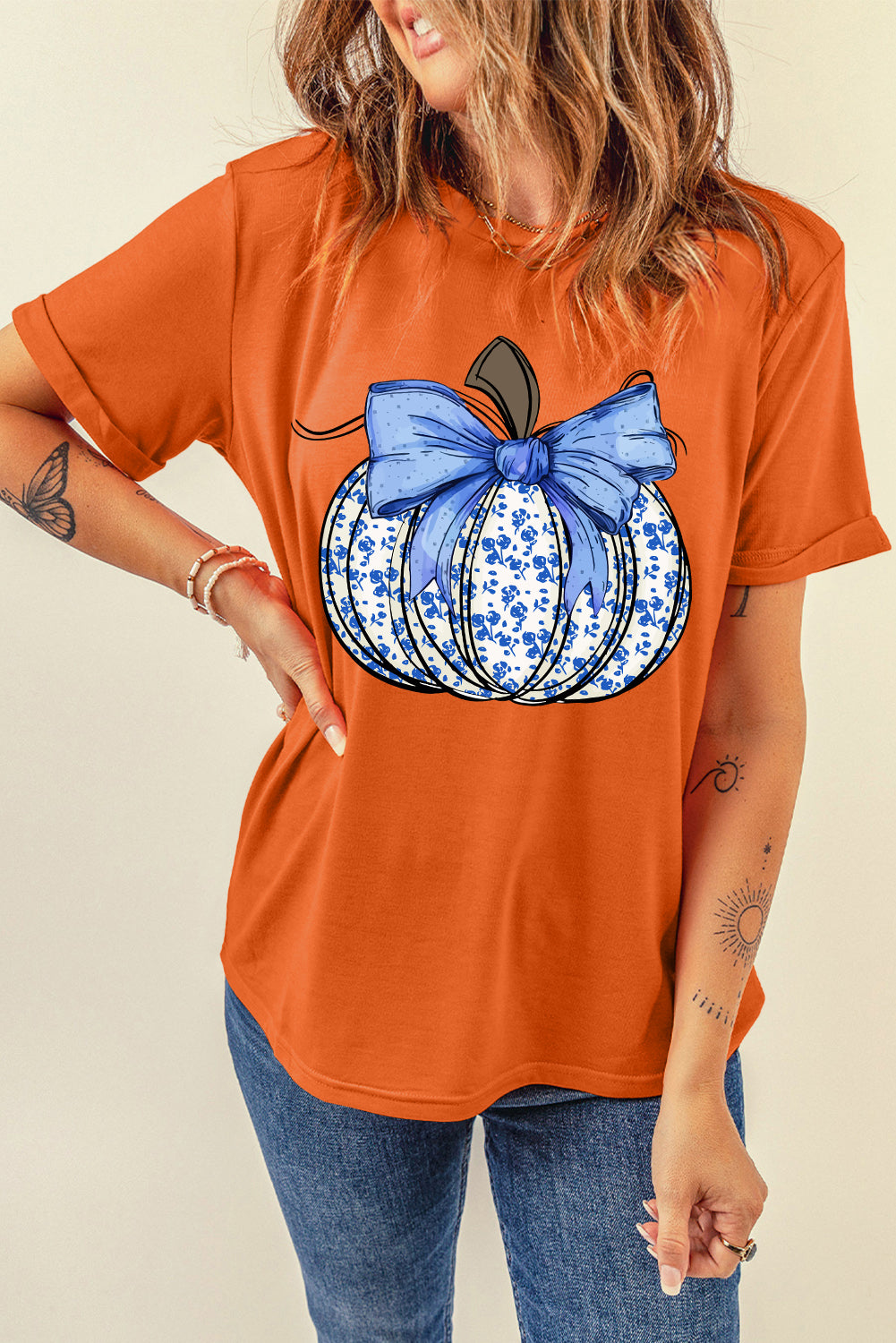 Orange Floral Pumpkin Bow Heat Transfer Printing Thanksgiving T Shirt Graphic Tees 351f8c0b482c1860