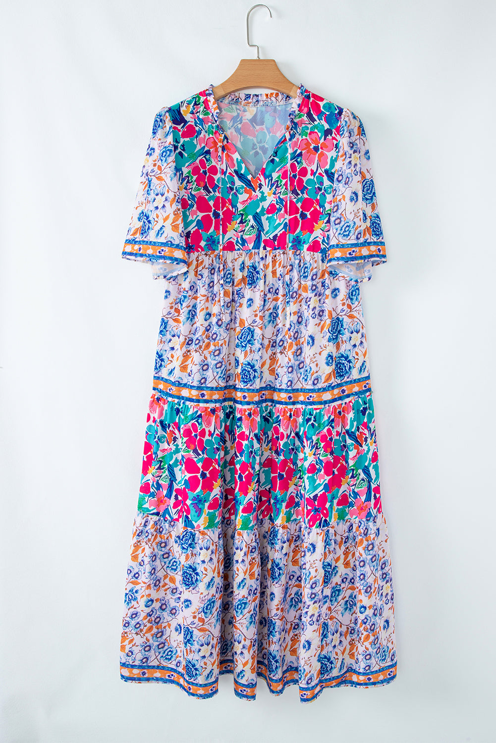 Sky Blue Mixed Floral Print Tie Split Neck Short Sleeve Dress Midi Dresses 35309b793c79a6c9