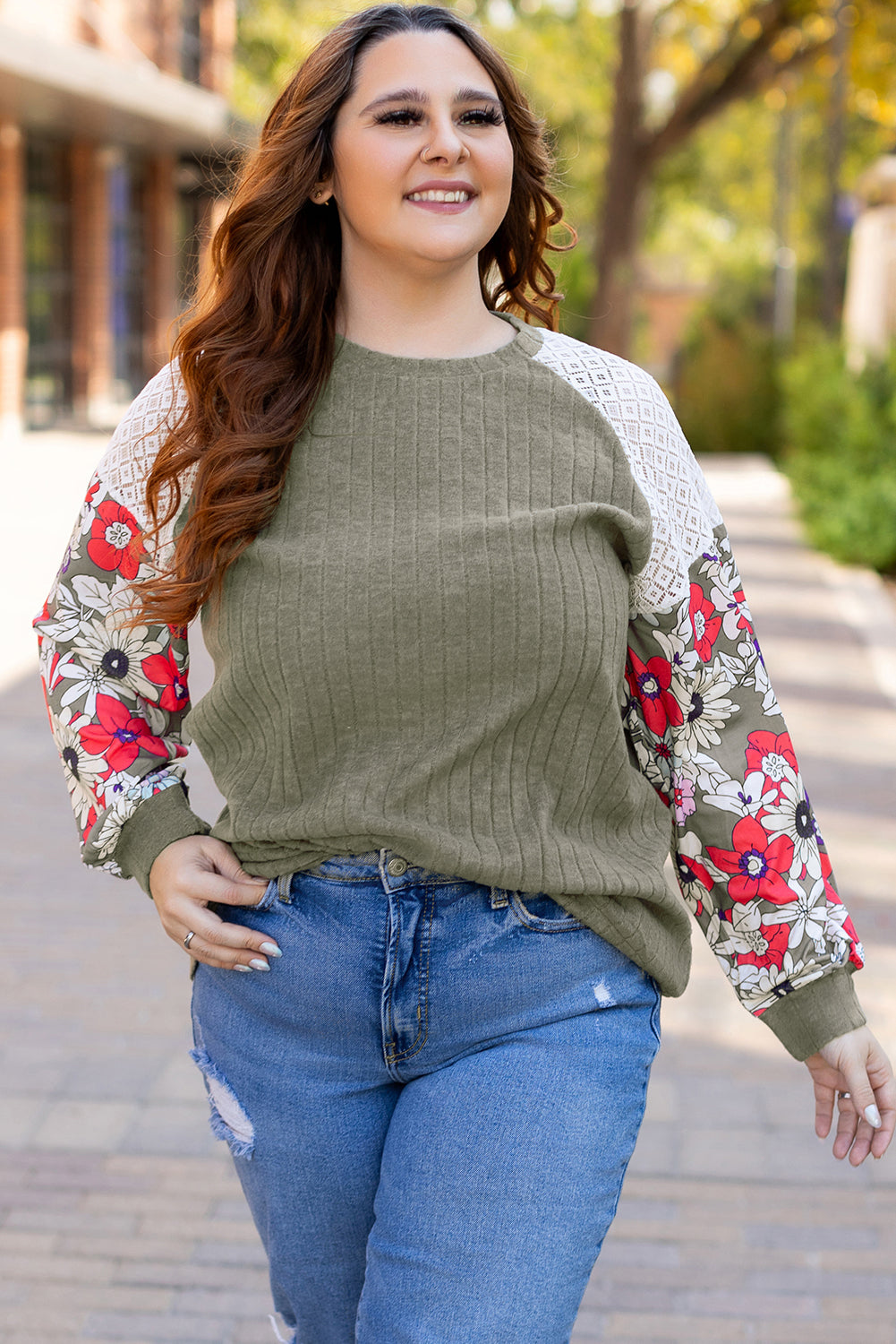 Vineyard Green Plus Size Textured Floral Patchwork Raglan Sleeve Top Plus Size Tops 353b745941efdc40