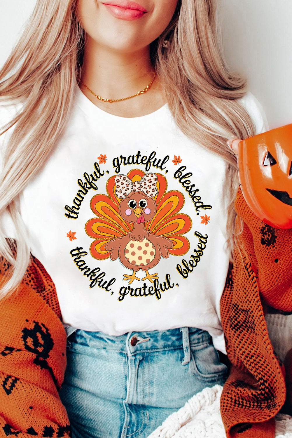 White Thanksgiving Cute Turkey Heat Transfer Printing Cotton Blend T Shirt Graphic Tees 35d5a7385d22435b