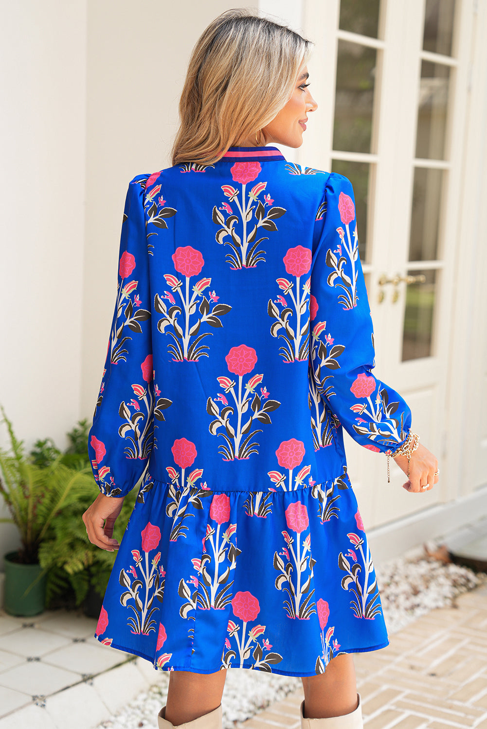 Sky Blue Floral Print Pop of Color V Neck Mini Dress Short Dresses 35de3321869ecc57