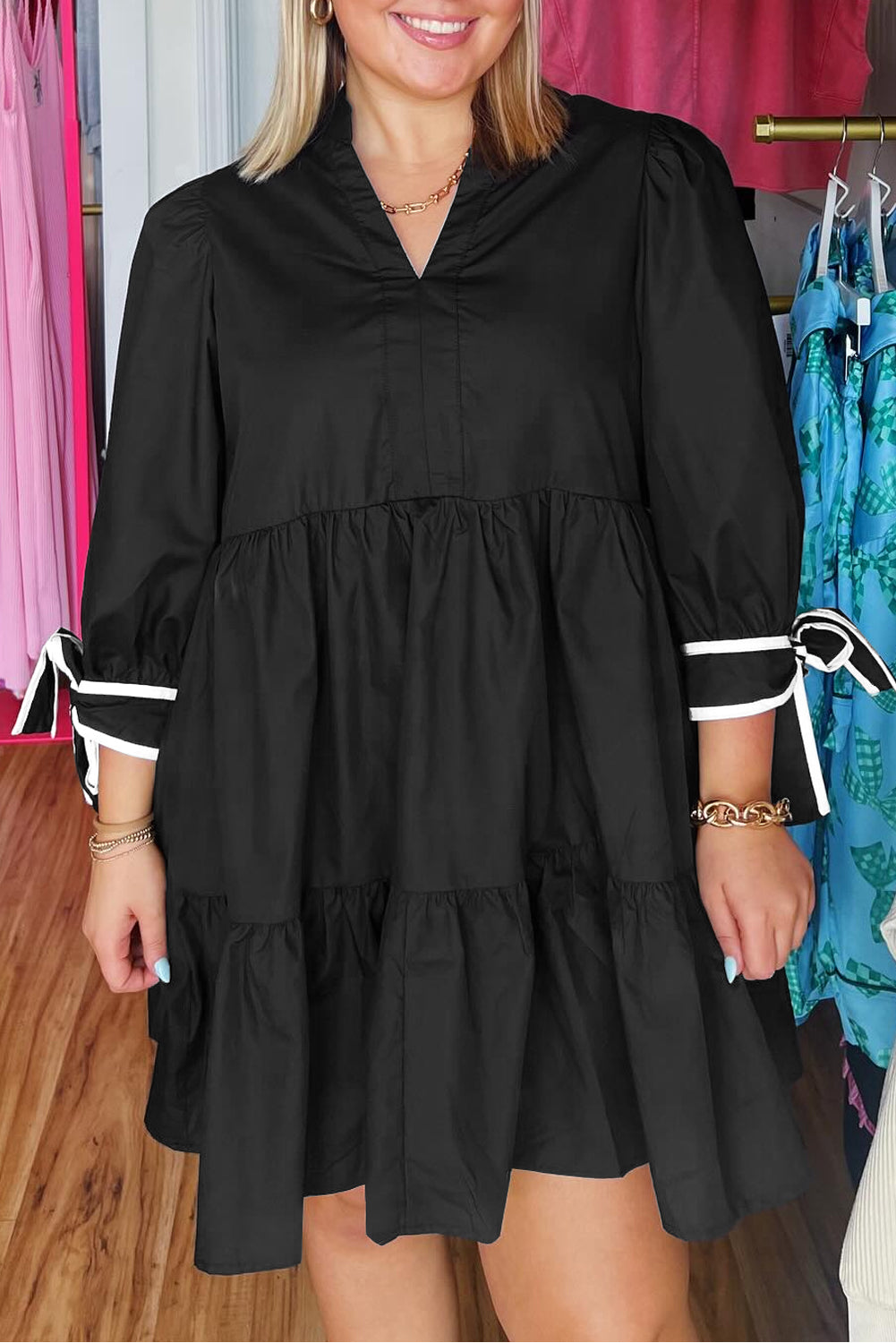 Black Contrast Trim Knot Cuffs Plus Size V Neck Mini Dress Plus Size Dresses 360f9229f5946478