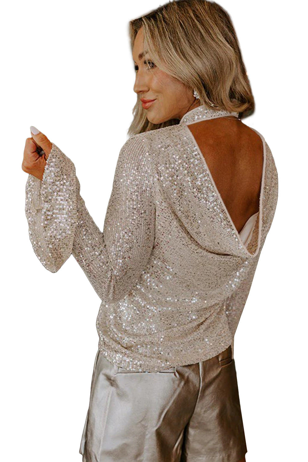 Jet Stream Sequin Mock Neck Drape Backless Bell Sleeve Top Long Sleeve Tops 367006d535bed966