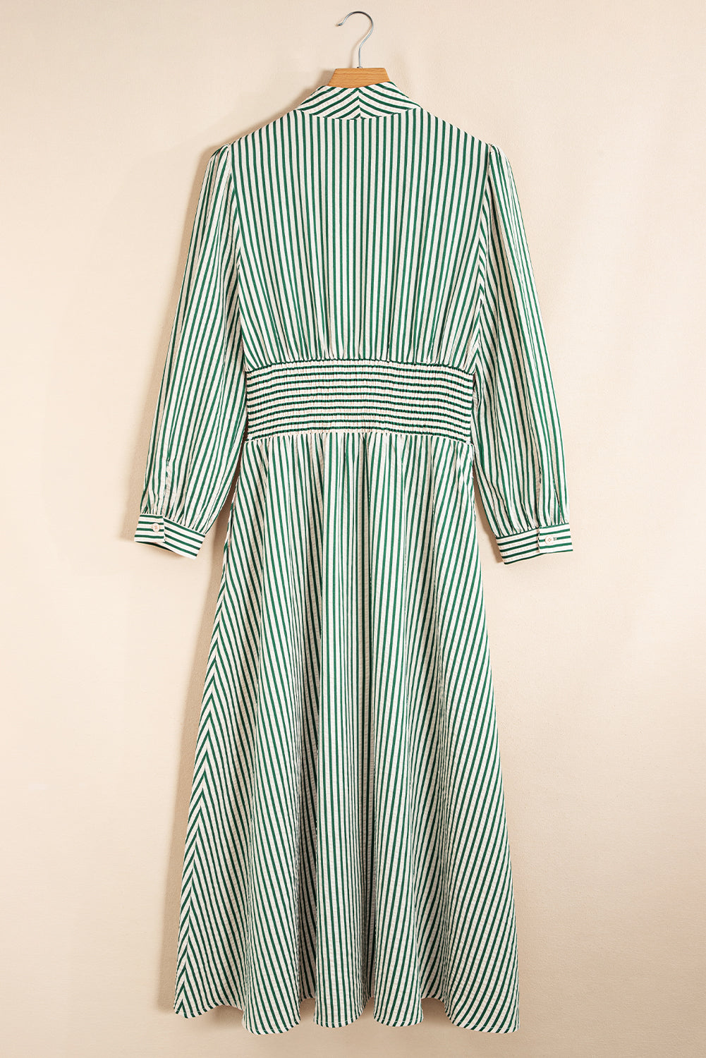 Green Striped V Neck Zip Front Cinched High Waist Midi Dress Midi Dresses 369d4dea37977f34