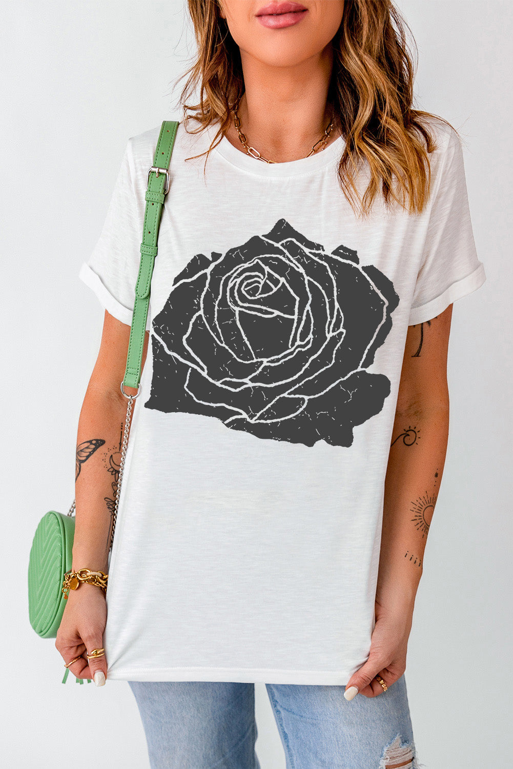 White Large Rose Graphic Crew Neck T Shirt Graphic Tees 36b56ed758adbc60