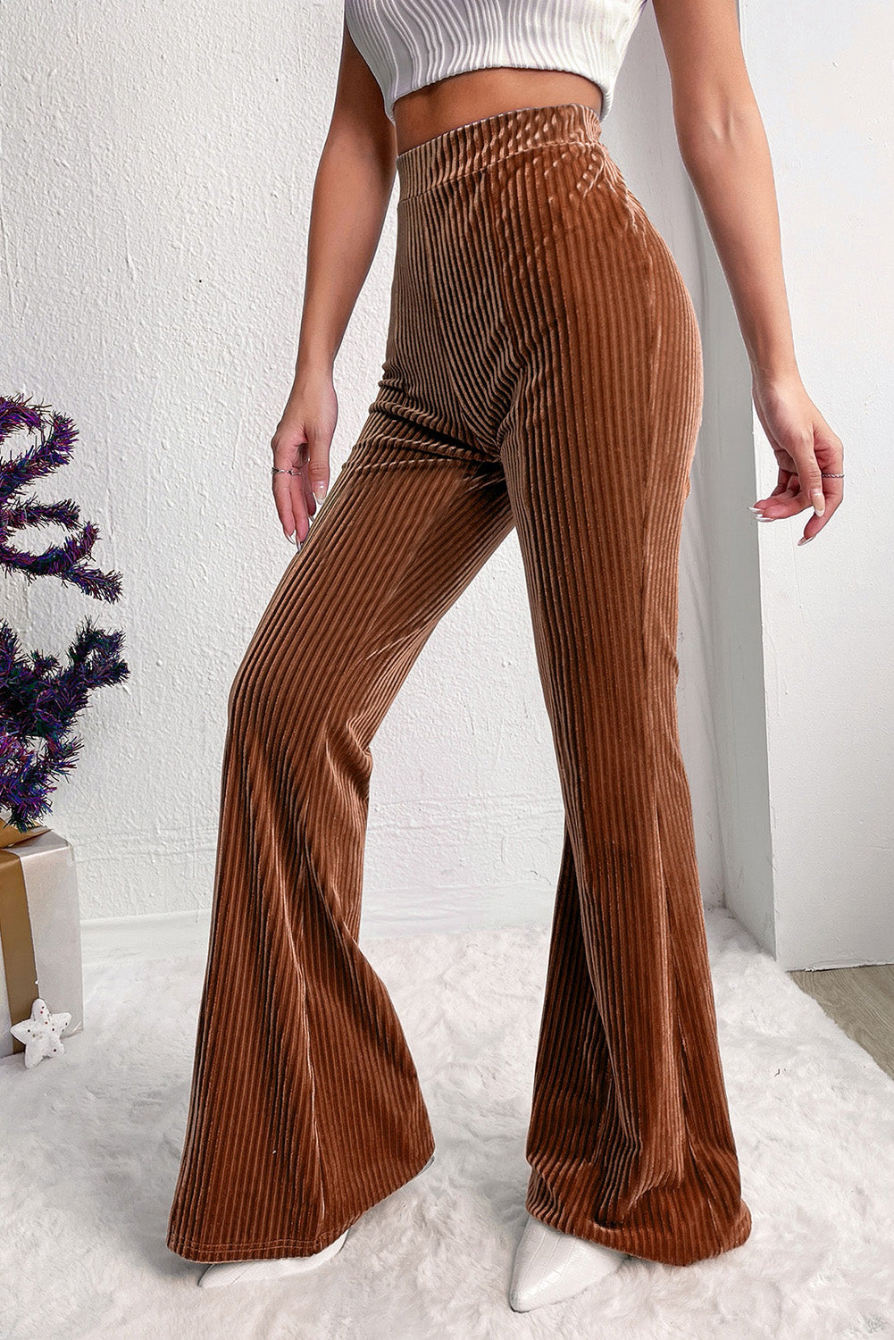 Chestnut Solid Color High Waist Corduroy Flare Pants Pants 36ca880f8e51475e