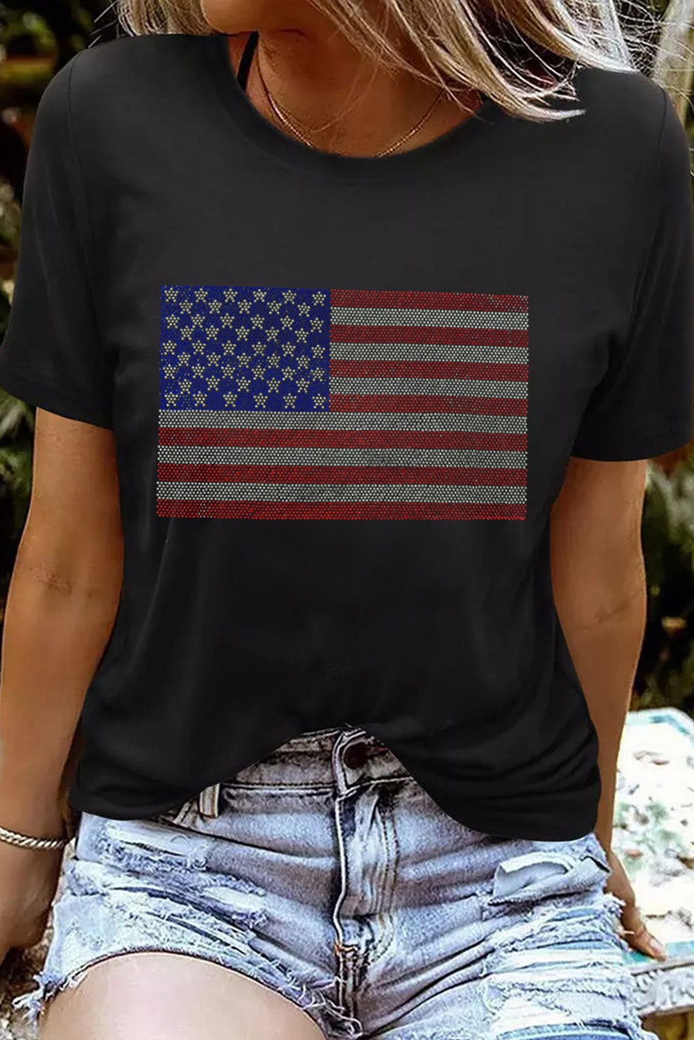Black Rhinestone American Flag Graphic Round Neck Tee Graphic Tees 36eb9898564b0514