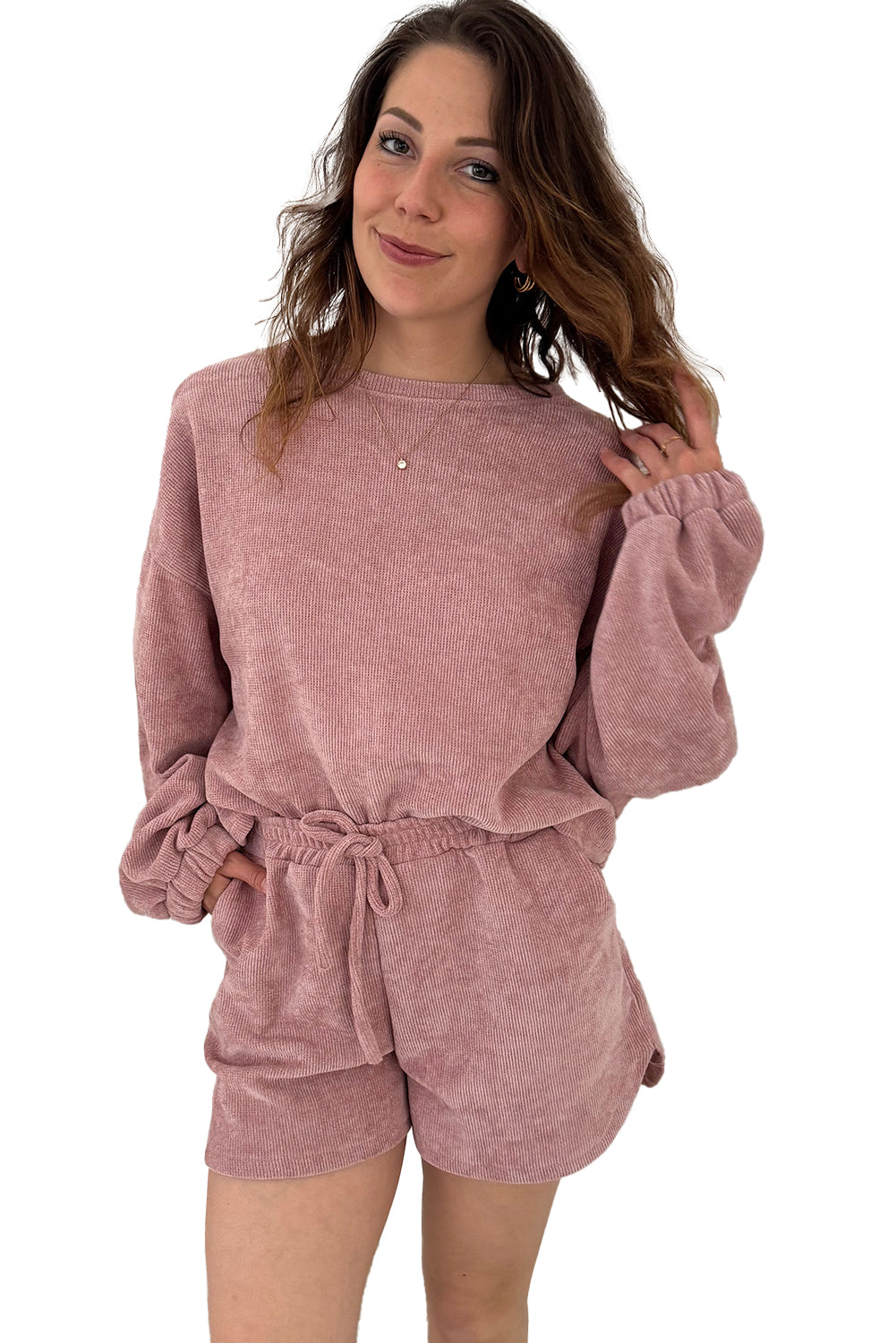 Fushia Textured Knit Drop Shoulder Pullover Drawstring Shorts Set Two Piece Shorts Sets 36fc0a8eeb4de7f8