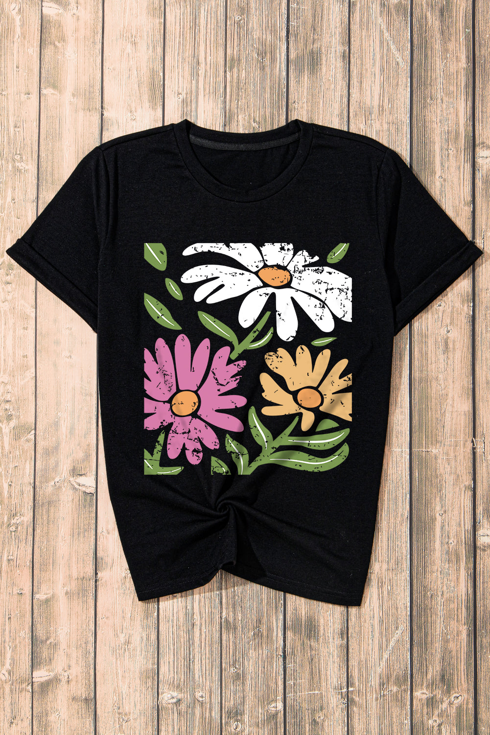 Black Casual Retro Floral Graphic Crew Neck T Shirt Graphic Tees 3748f20393c23f0c