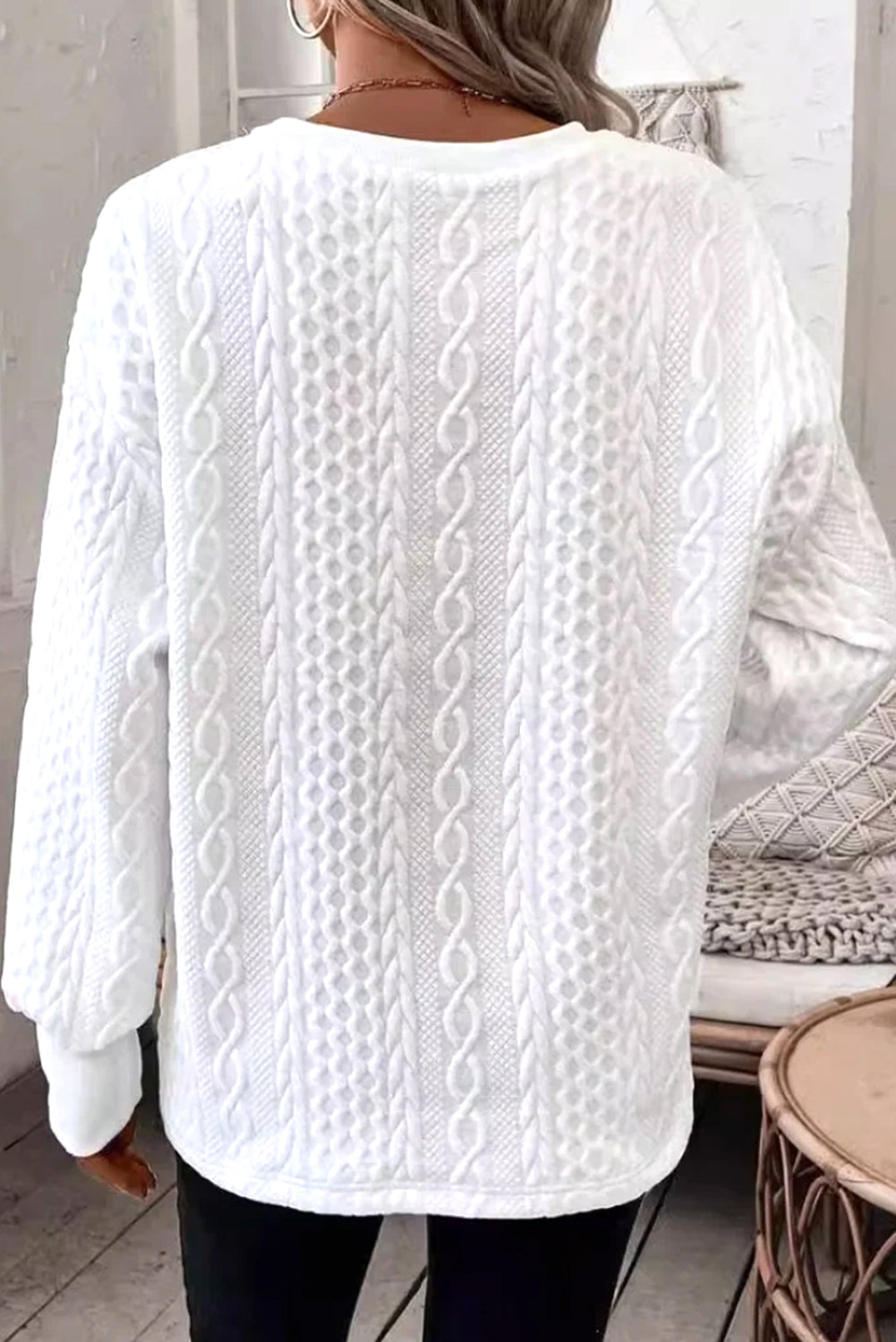 White Plain V-Neck Oversized Long Sleeve Textured Top Long Sleeve Tops 37519f221a8e0821