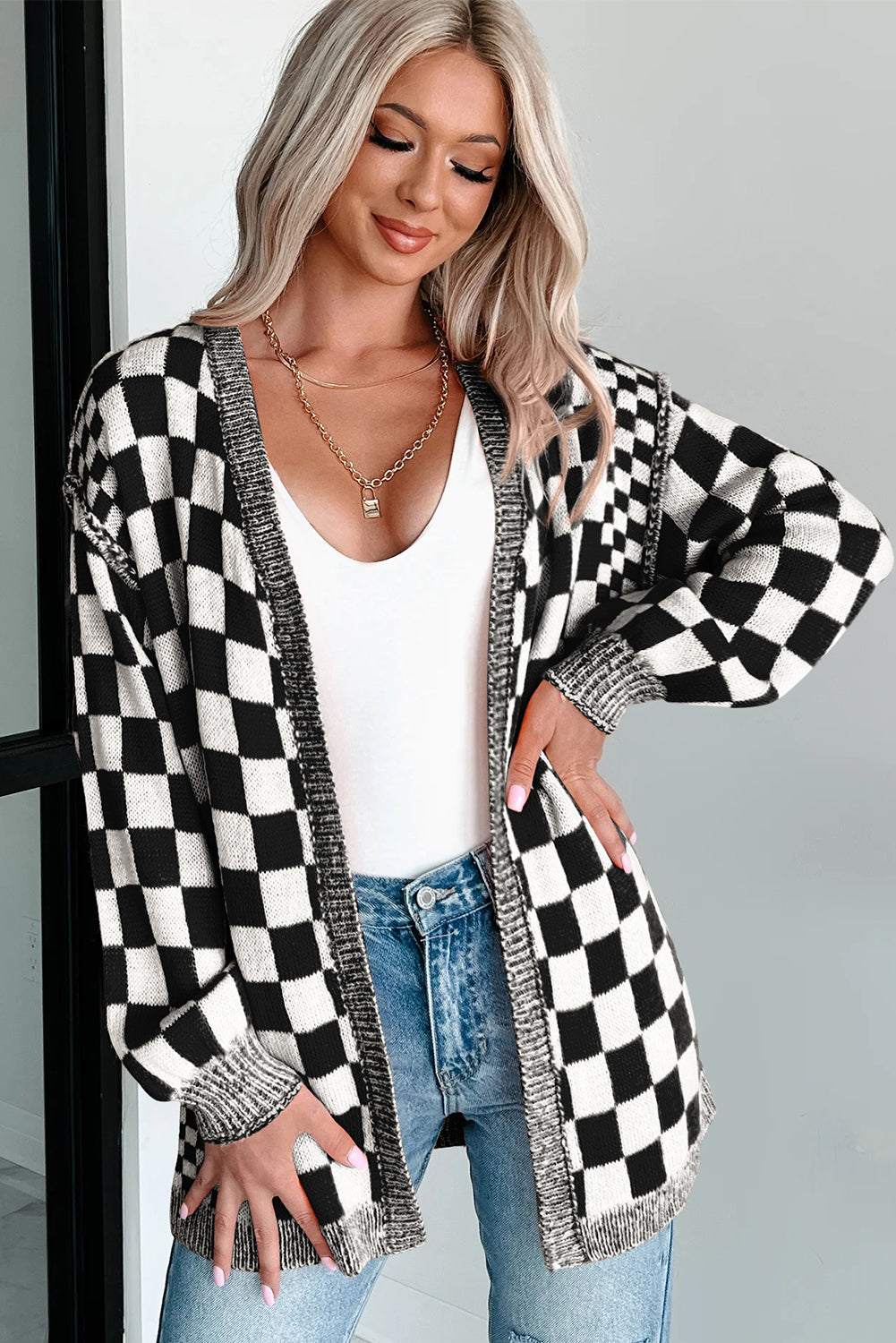 Orange Checkered Open Front Drop Shoulder Cardigan Cardigans 37b3273f96d1f3f9