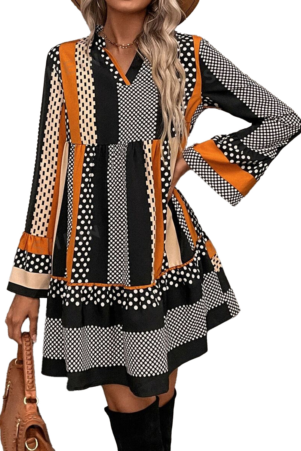 Black Striped Polka Dot Print Ruffle Hem V Neck Loose Mini Dress Short Dresses 37b8759b703341be