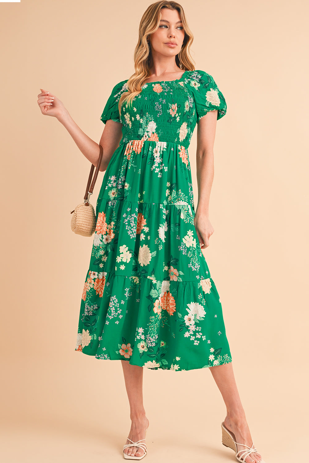 Green Floral Print Bubble Sleeve Smocked Tiered Midi Dress Midi Dresses 37d7a4026da5bb9b