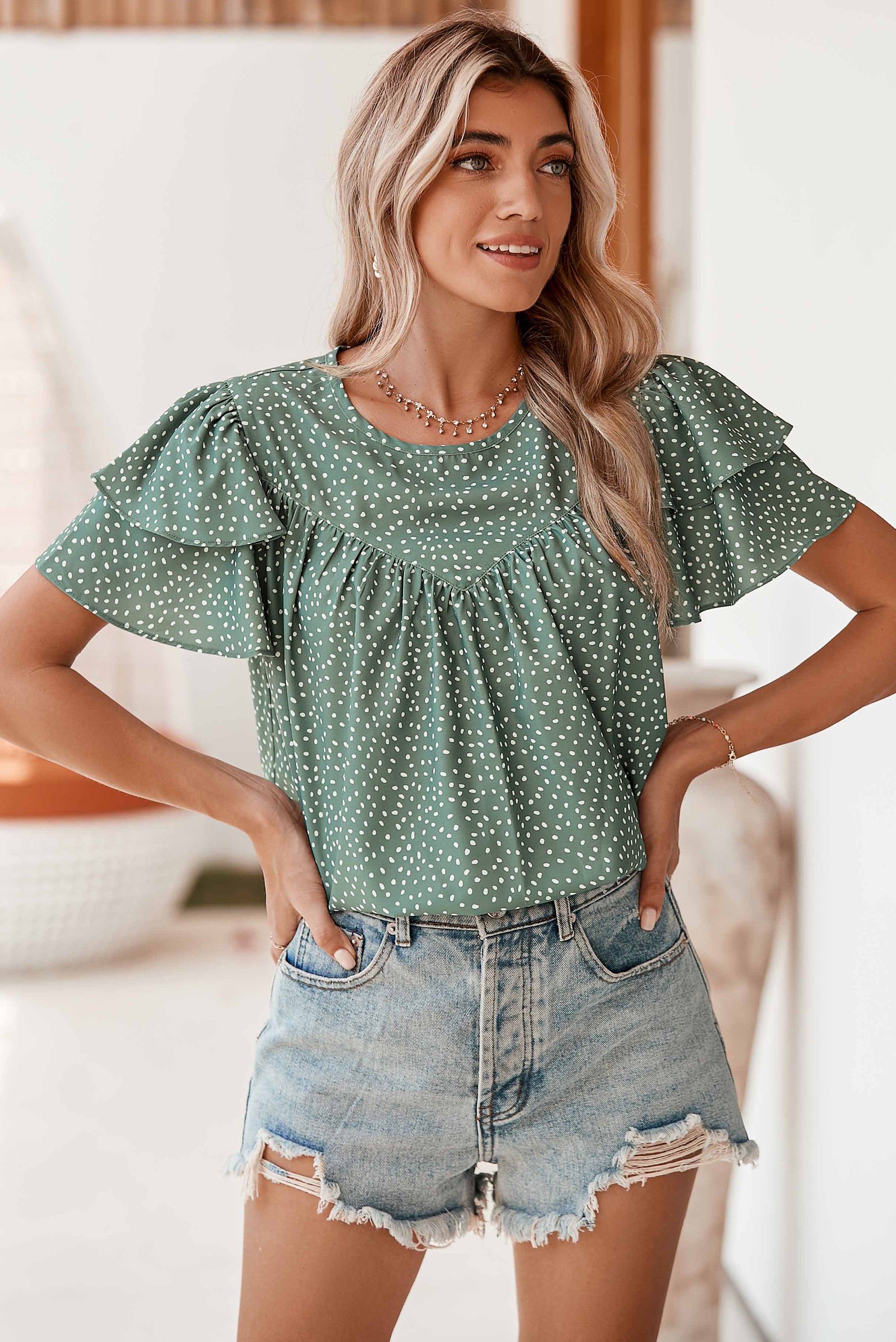 Laurel Green Spotted Print Pleated Ruffle Sleeve Blouse Blouses 383547e88695c710