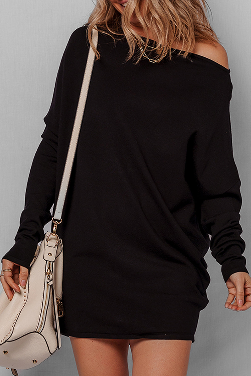 Black Asymmetric Neck Batwing Sleeve Shift Mini Sweater Dress Sweaters 386939f180f8df93