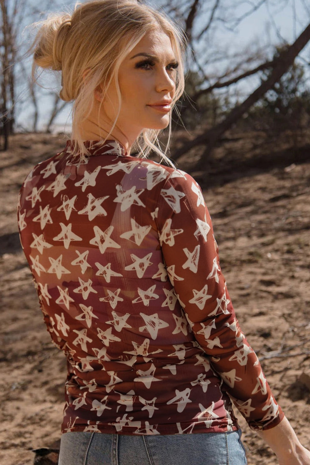 Red Star Print Mock Neck Slim Fit Top Long Sleeve Tops 388c53d261acfc15