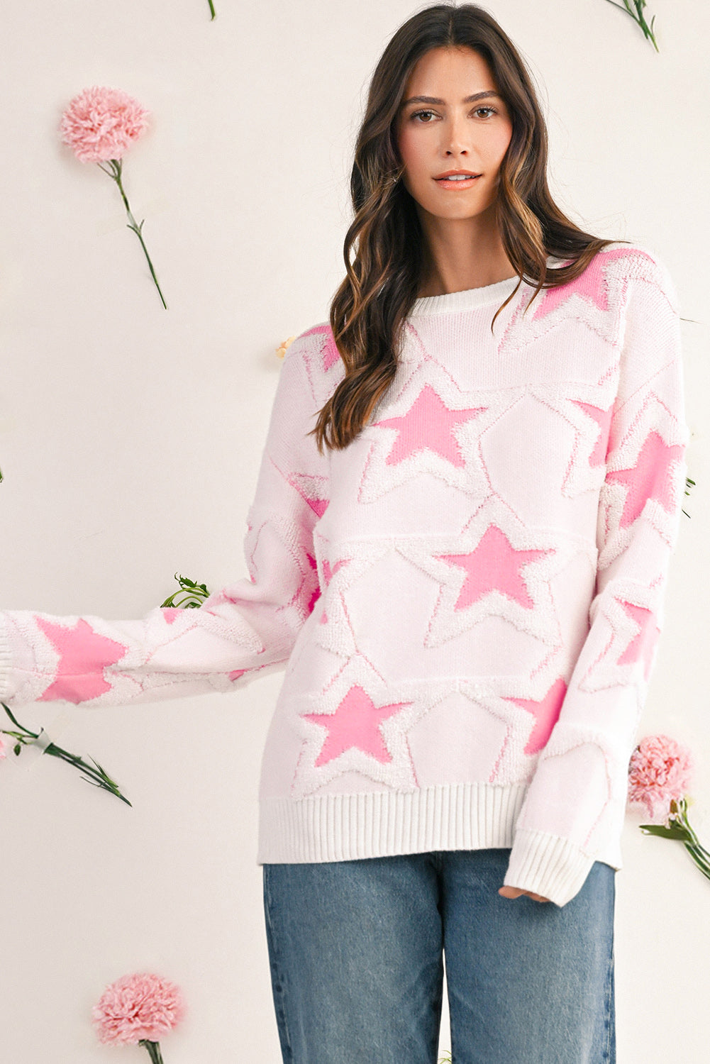 Sachet Pink Star Pattern Drop Sleeve Loose Sweater Sweaters 38aec534ff20af4b