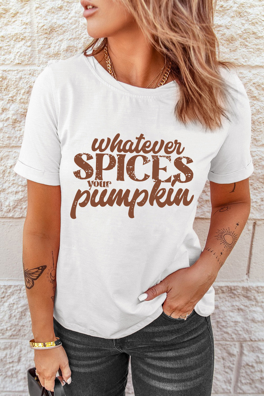 White Whatever Spices Your Pumpkin Letter Print Graphic Tee Graphic Tees 391b87ed843025bb