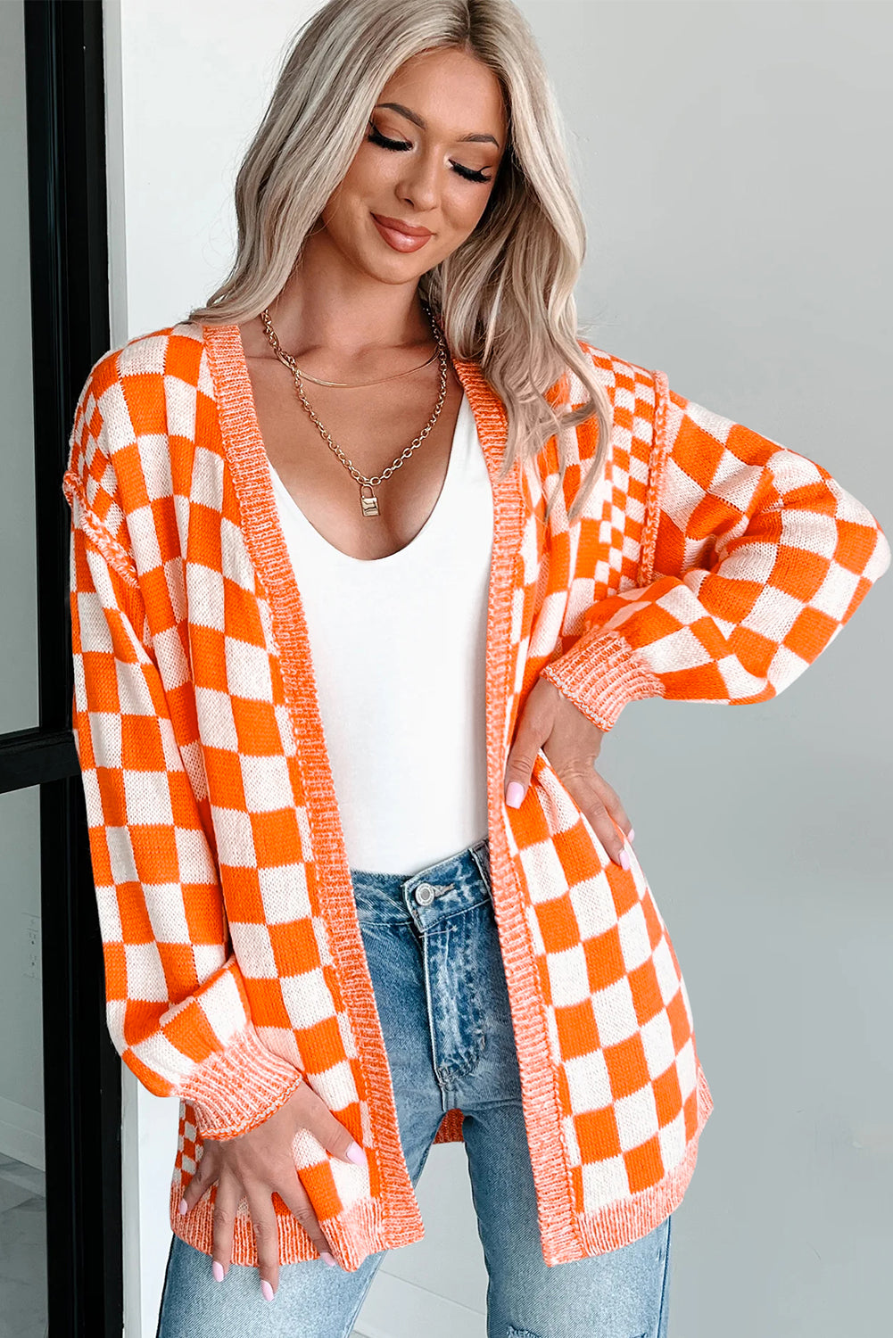 Orange Checkered Open Front Drop Shoulder Cardigan Cardigans 39aa0e1770026b57