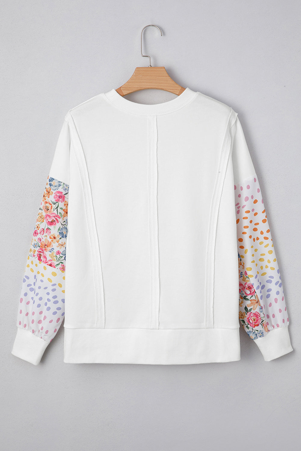 White Plus Size Exposed Seam Detail Contrast Dot Floral Patchwork Sleeve Sweatshirt Plus Size Tops 39bdb7759aa1c938