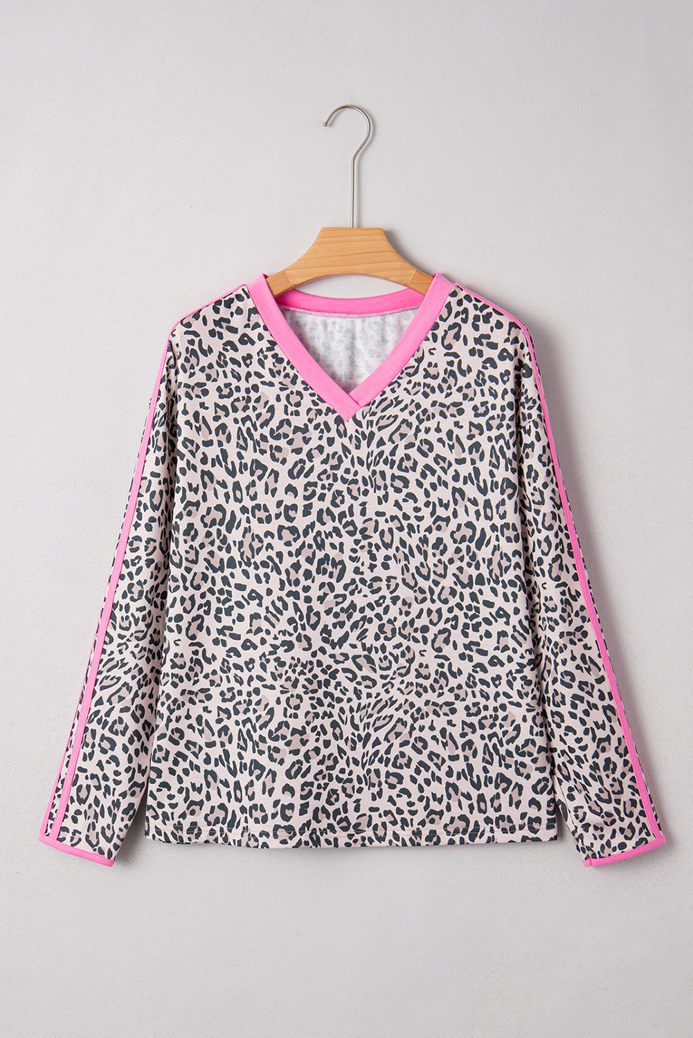 Khaki Leopard Print Contrast V Neck Varsity Stripe Detail Long Sleeve Top Long Sleeve Tops 39ecdd4f75c583ee