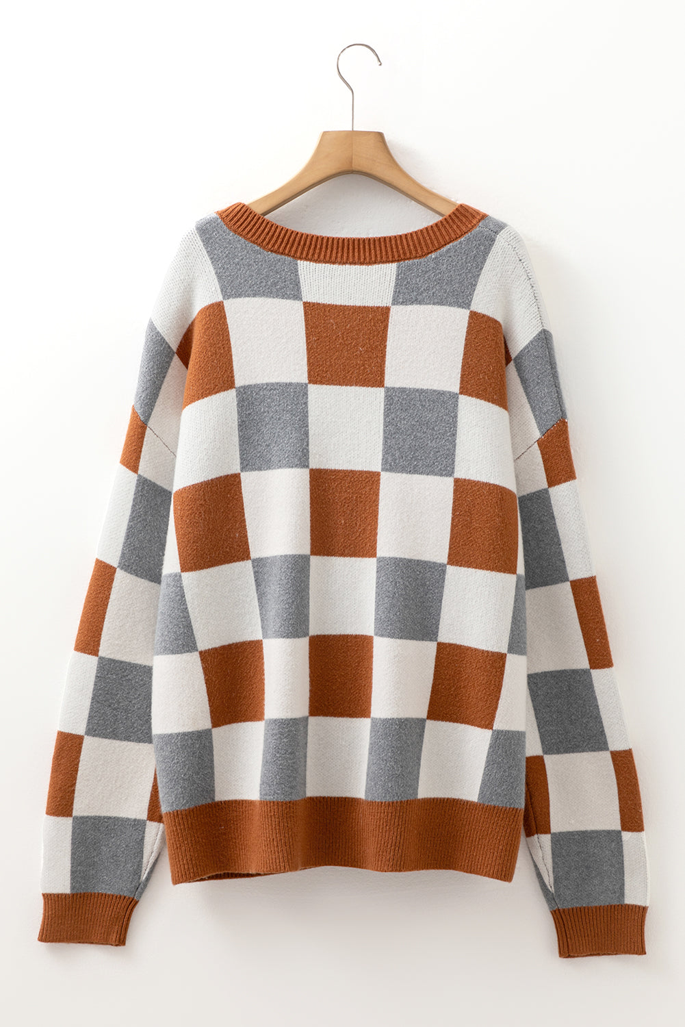 Brown Colorblock Checkered Drop Sleeve Plus Size Sweater Plus Size Sweaters&Cardigans 39fa44cb60cf41e1