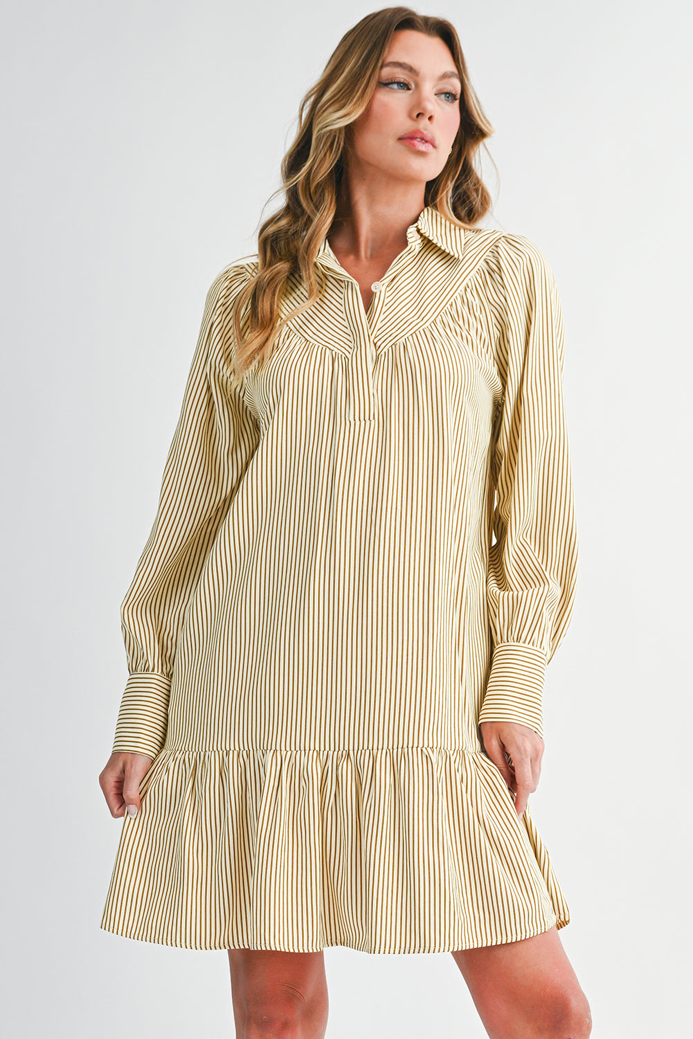 Brown Striped Shirt Collar Ruffle Hem Long Sleeve Dress Short Dresses 3a5a9a95e2828422