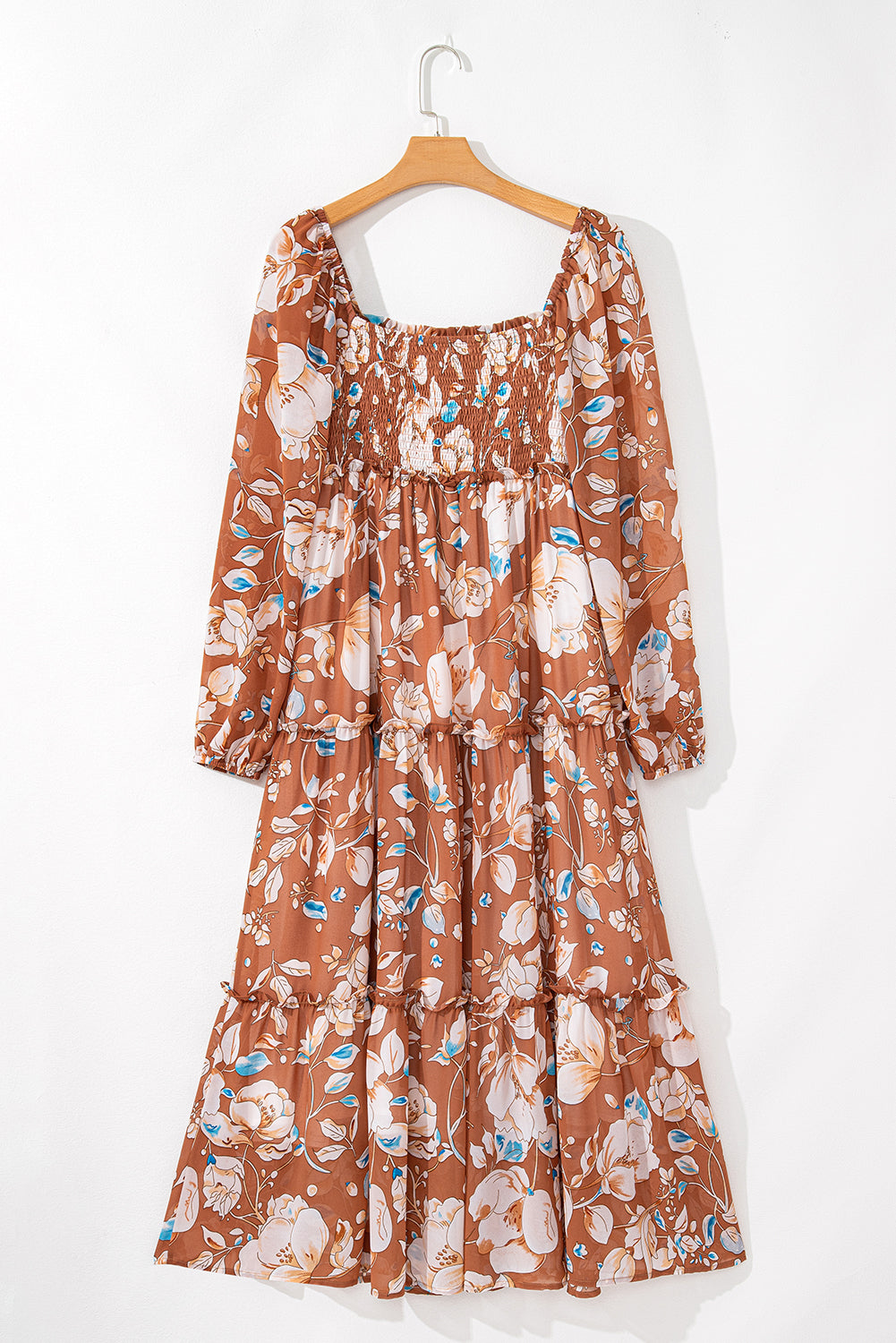 Brown Floral Print Shirred Square Neck High Waist Maxi Dress Maxi Dresses 3a82543f0f3283de