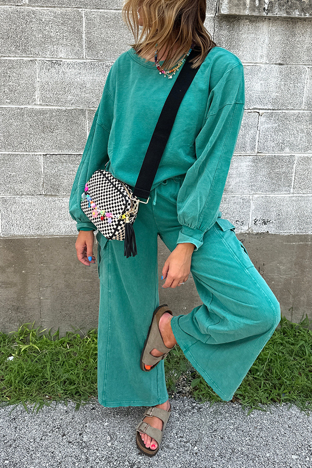 Lapis Mineral Wash Pullover and Wide Leg Cargo Pants Set Two Piece Pants Sets 3a85f88a2bc3c5a0