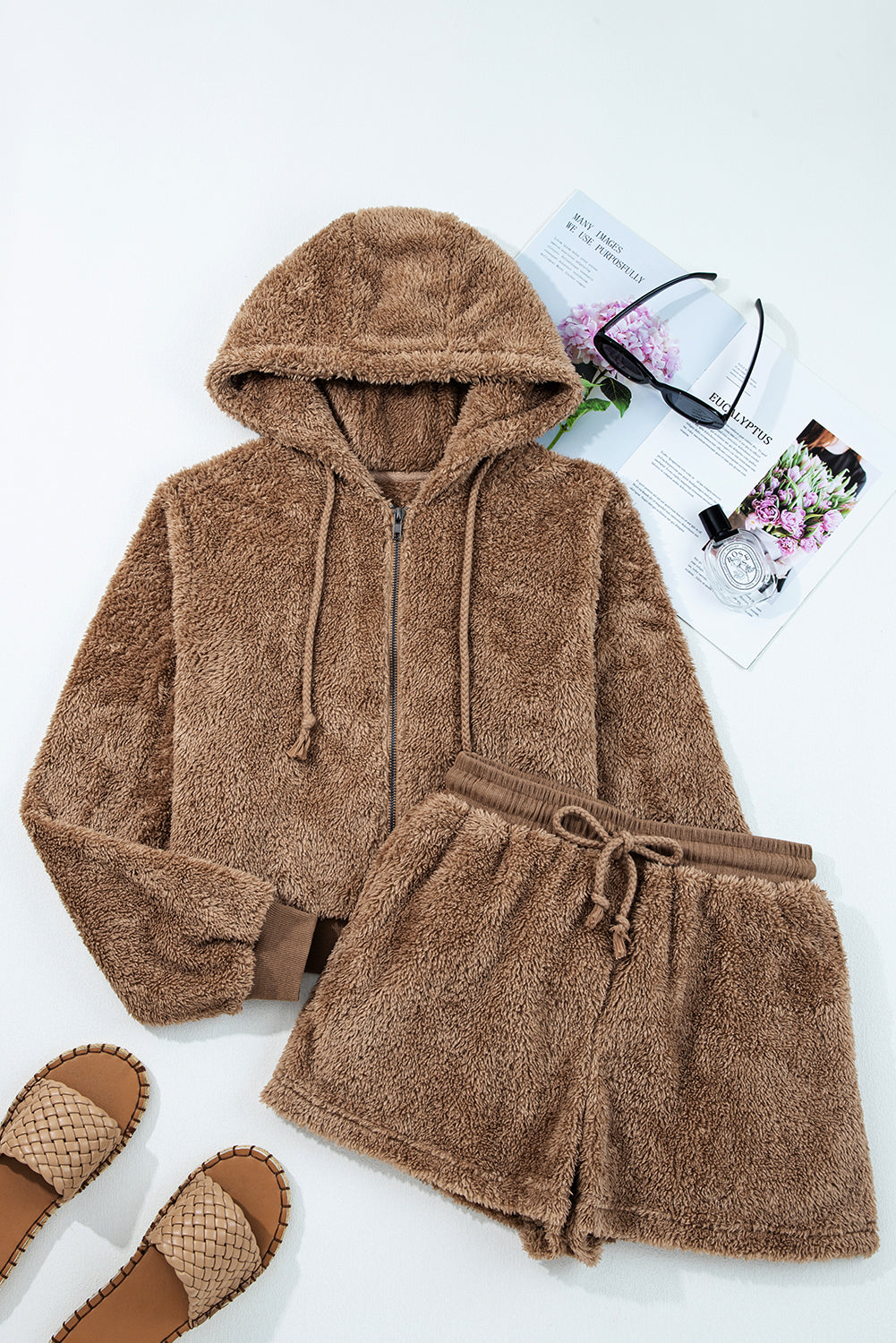 Parchment Zip Up Hoodie Drawstring Shorts Sherpa 2pcs Outfit Two Piece Shorts Sets 3a915e81b22700e7