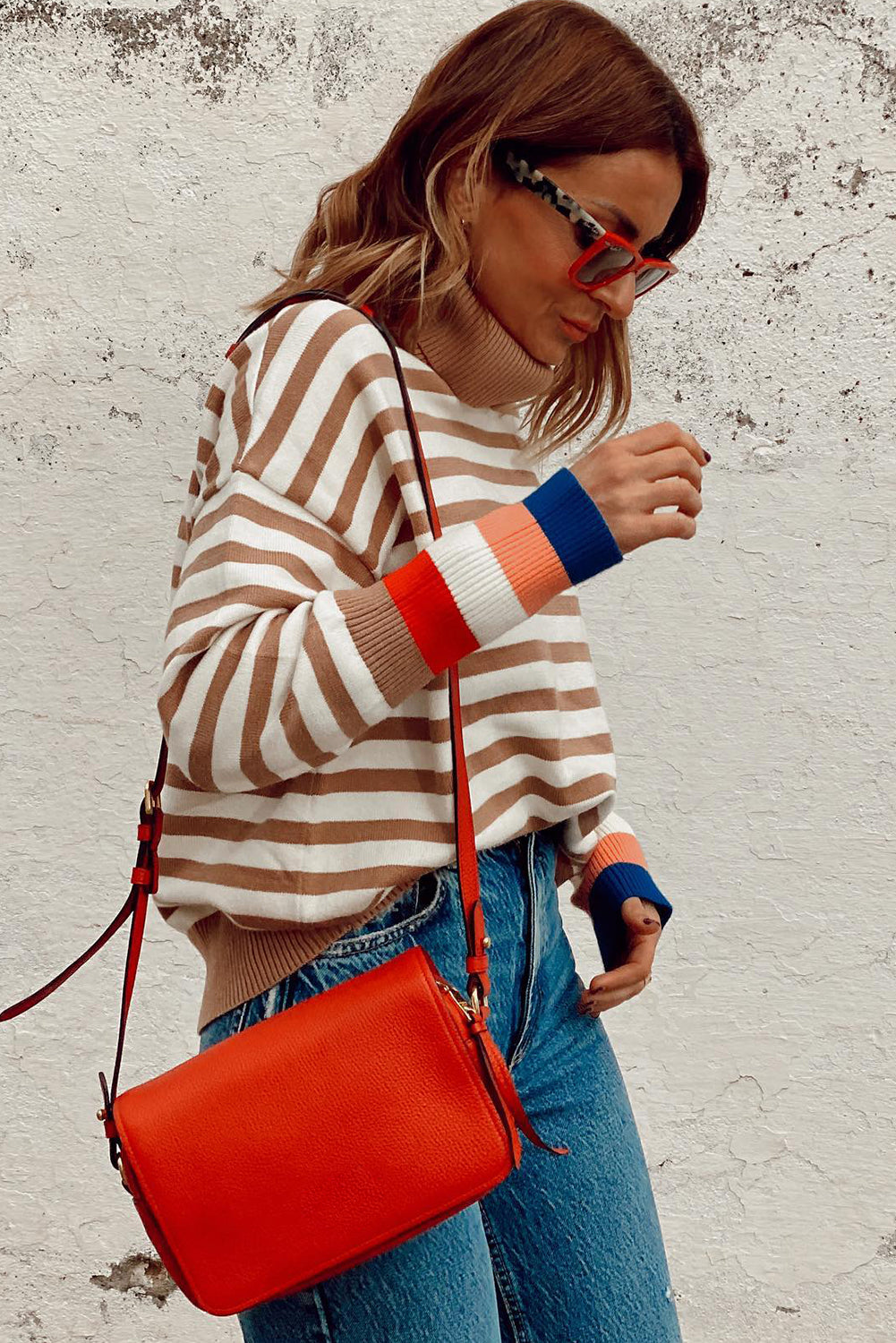 Brown Colorblock Bishop Sleeve Exposed Seam Ribbed Trim Sweater Sweaters 3aa8806bd69aa5ed