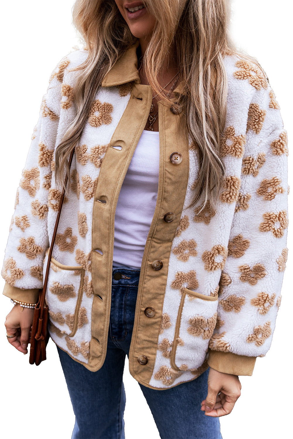 Light French Beige Cute Flower Pattern Button Up Fleece Jacket Jackets 3ab2f9854e40fef2