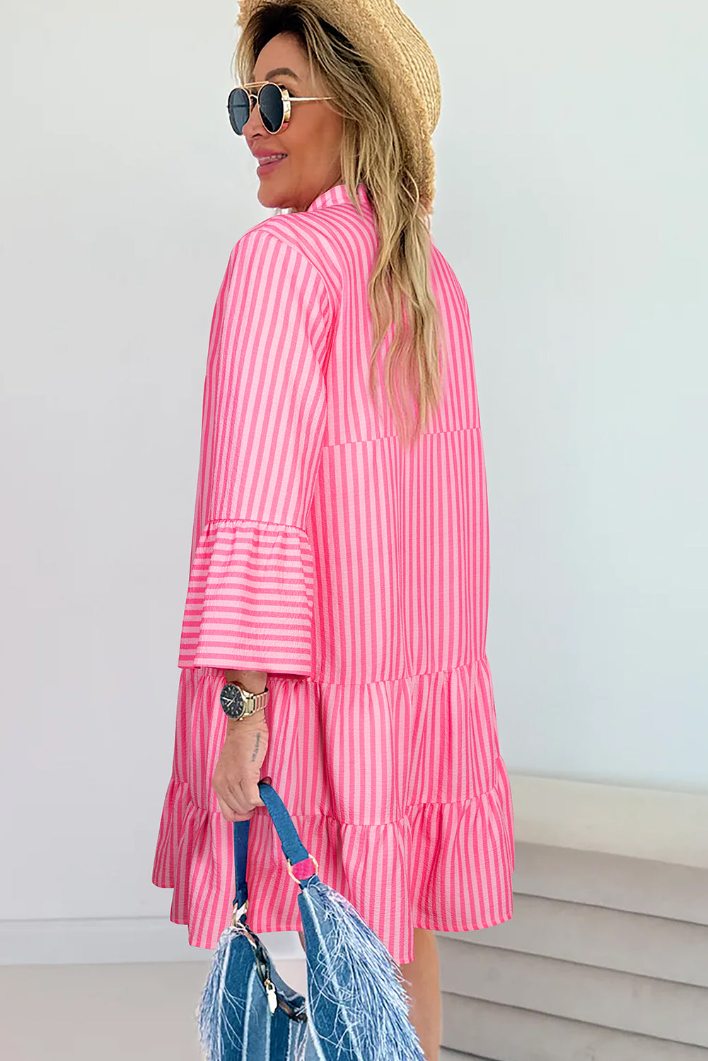 Pink Stripe Flare Sleeve Half Placket Tiered Flowy Mini Dress Short Dresses 3abc4f569d3ca151
