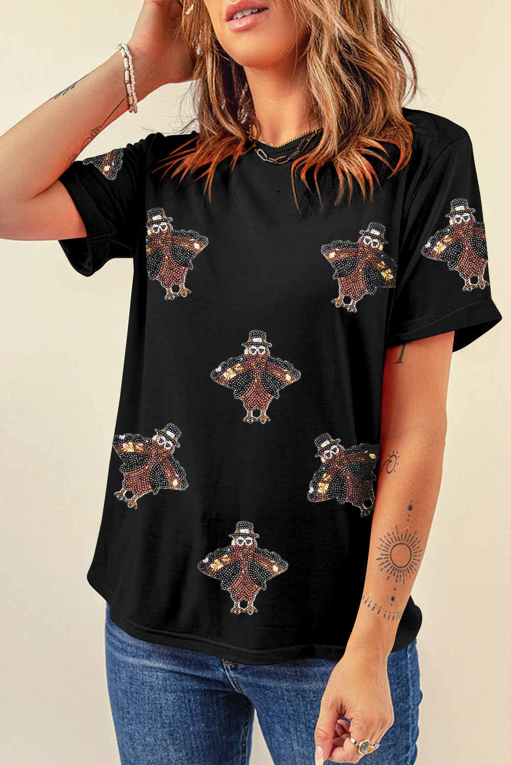 White Turkey Sequin Patch Application Round Neck Graphic Tee Graphic Tees 3ae5715e5622ca29