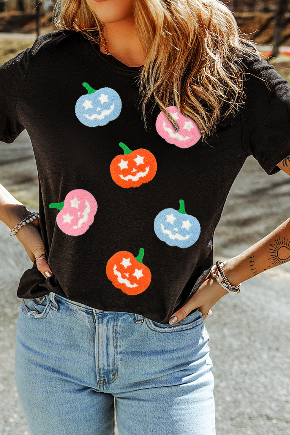 Black Chenille Pumpkin Patch Application Playful Halloween T Shirt Graphic Tees 3b310a1b02a1dac4