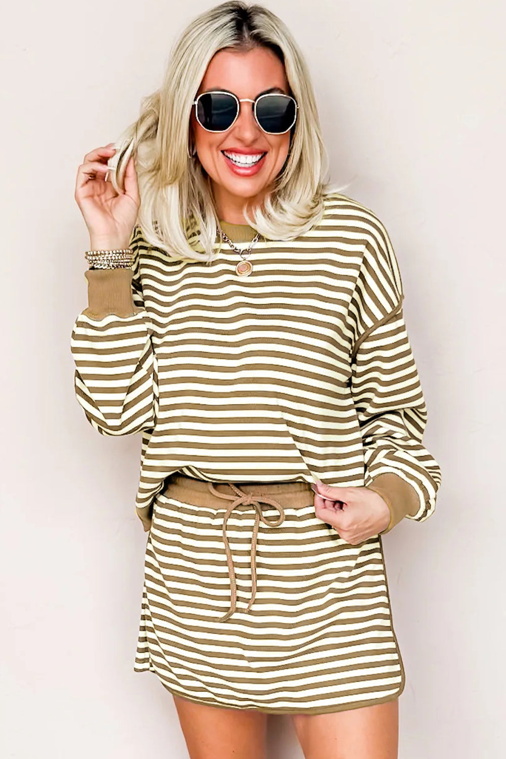 Brown Stripe Textured Drop Shoulder Pullover Top Drawstring Mini Skirt Two Piece Dress Set Two Piece Skirt Sets 3b44ab499dfd61c0