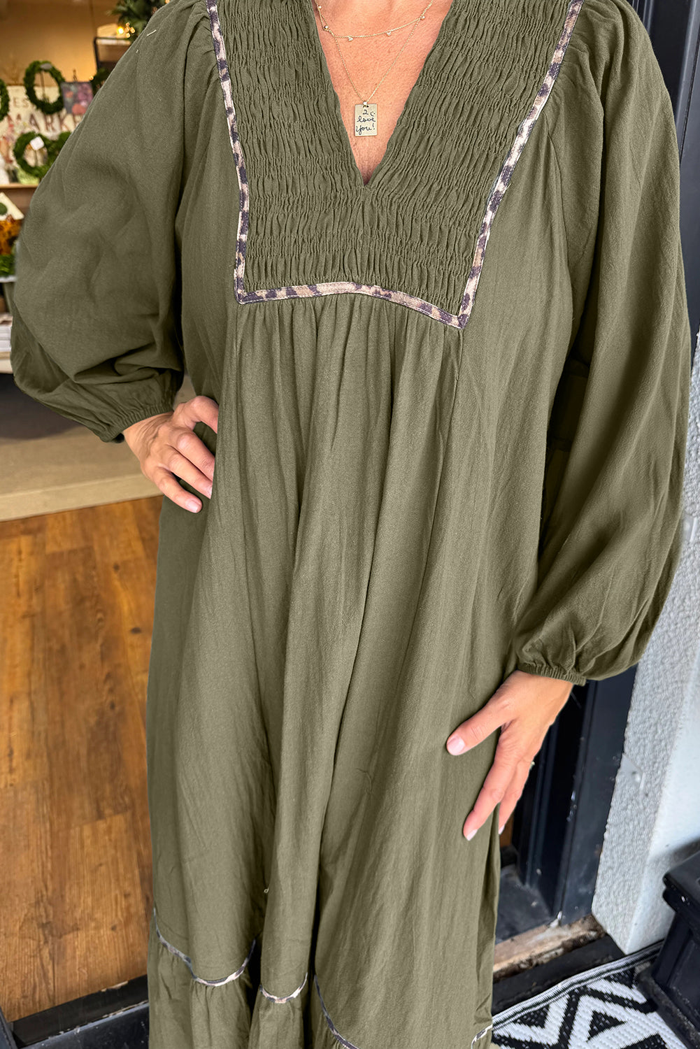 Green Collared V Neck Smocked Detail Contrast Leopard Trim Long Dress Midi Dresses 3b5a8ac3dba246c7
