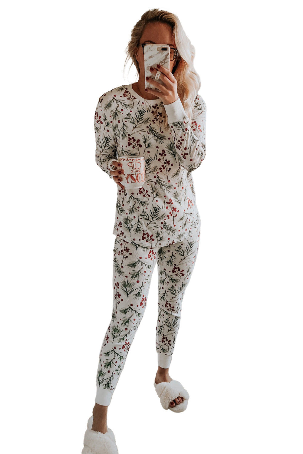 White Holly Print Christmas Pullover Pants Pajama Set Loungewear Set 3bafcfac09de75ac