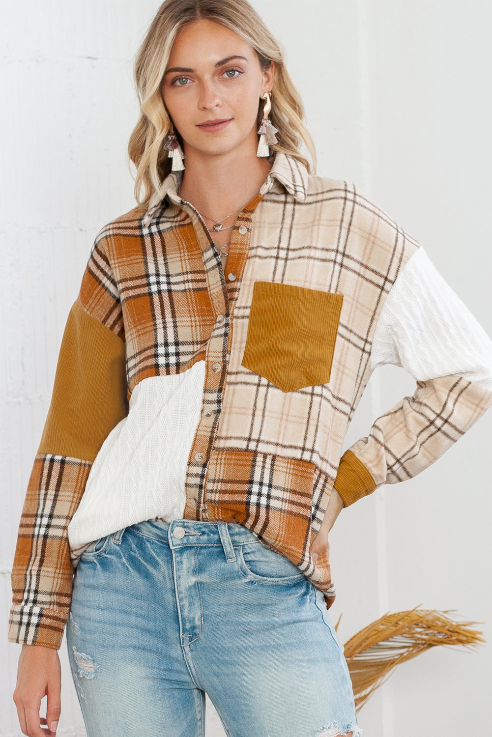 Orange Plaid Color Block Patchwork Pocket Shirt Shacket Jackets 3bb3f9d0ee0175f2