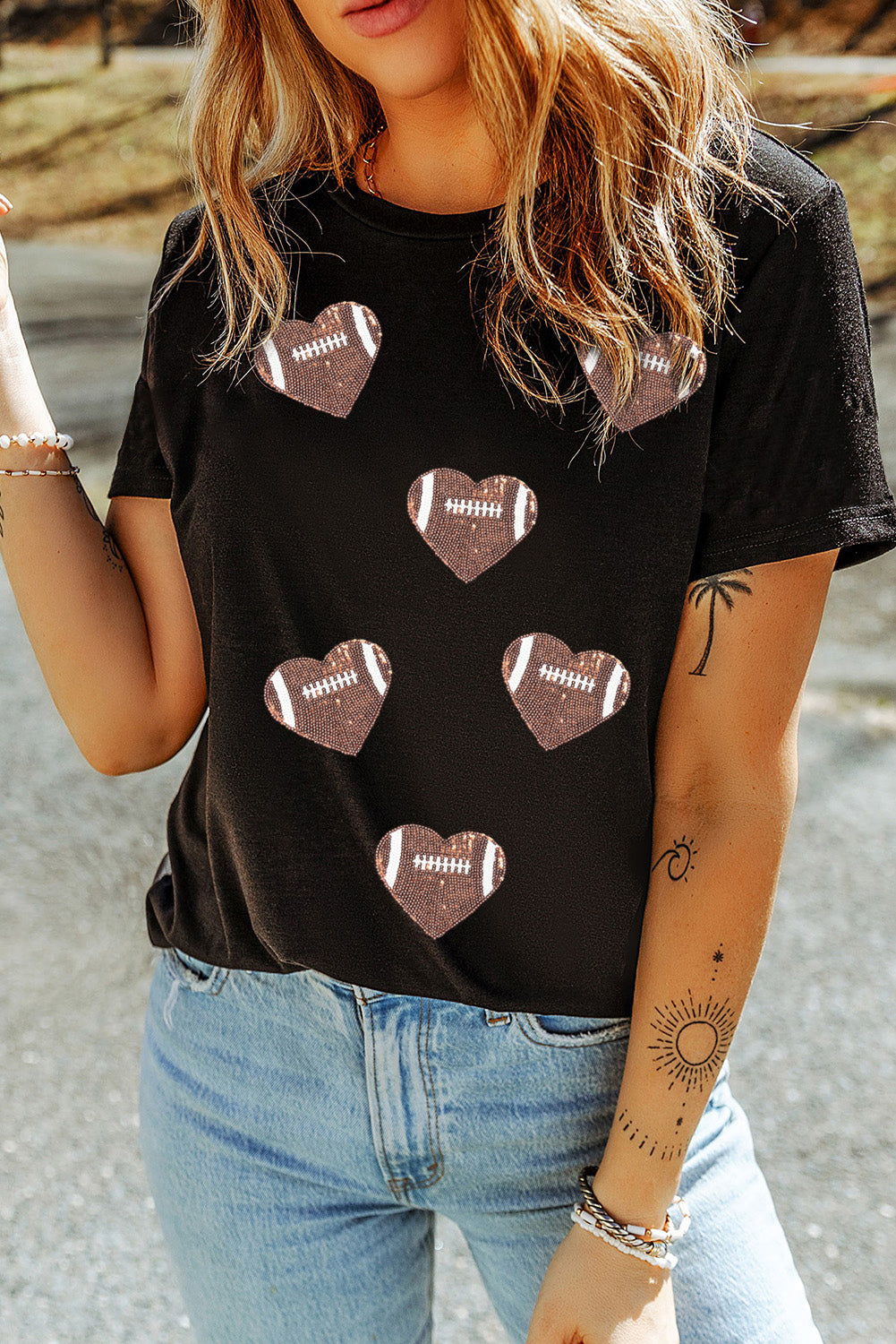 Black Football Sequin Heart Patched Graphic Tee Graphic Tees 3bd1ada99727fb55
