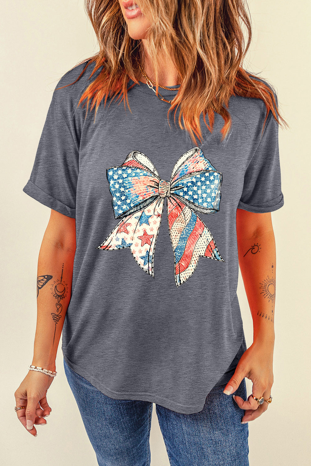 Gray USA Flag Bow Heat Transfer Printing Round Neck Loose T Shirt Graphic Tees 3c5e53110e6b7c19