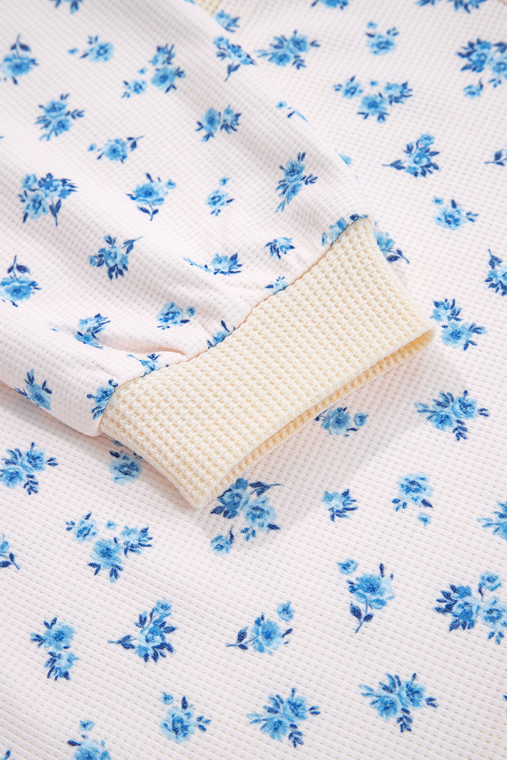 Beige Floral Print Waffle Patchwork Balloon Sleeve V Neck Oversized Top Long Sleeve Tops 3c6f2843220c7ab4