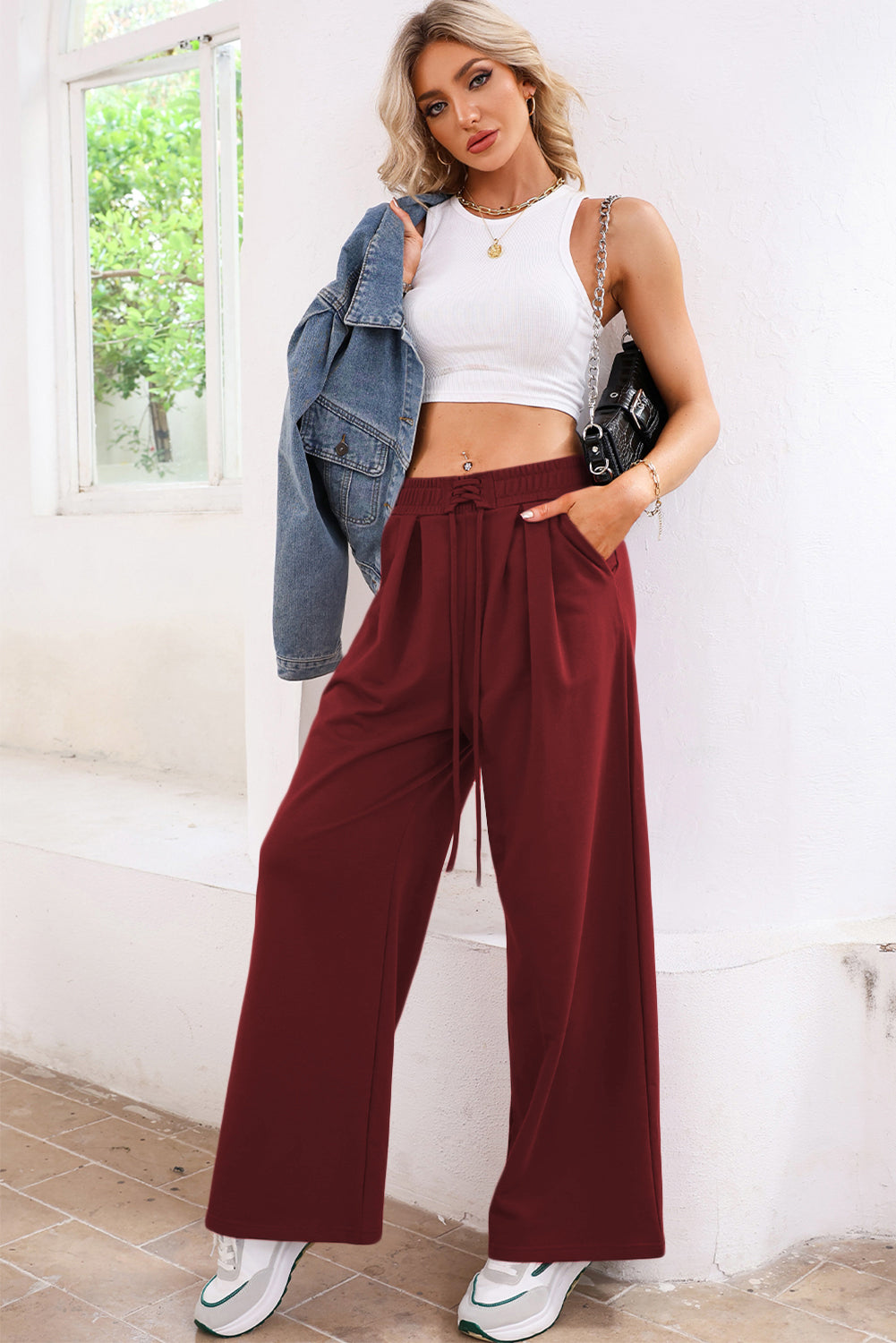 Burgundy Tied Elastic High Waist Pleated Detail Solid Sweatpants Pants & Culotte 3ca3a9e099912b29