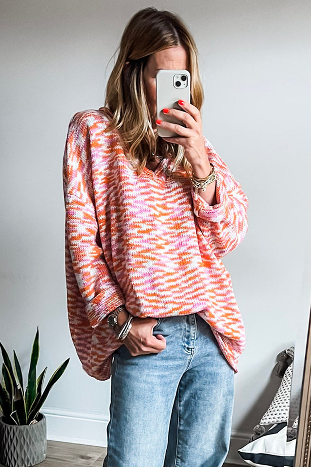 Orange Vibrant Abstract Print Drop Shoulder V Neck Oversized Sweater Sweaters 3ca9be3160cb3b6a